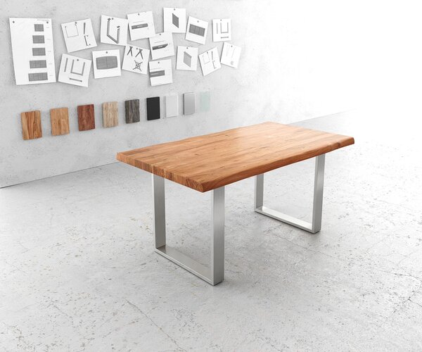 DELIFE Étkezőasztal Edge 160x90 cm XL akác természetes rozsdamentes acél keskeny Live-Edge