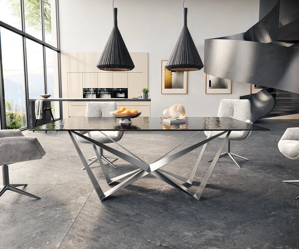 DELIFE Étkezőasztal Edge 200x100 domborított üveg füstfekete 3D design Spider laposacél rozsdamentes acél
