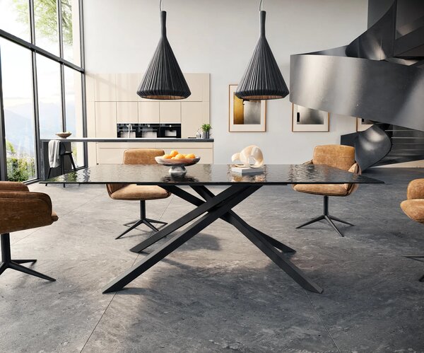 DELIFE Étkezőasztal Edge 200x100 domborított üveg füstfekete 3D design kereszt láb téglalap fekete