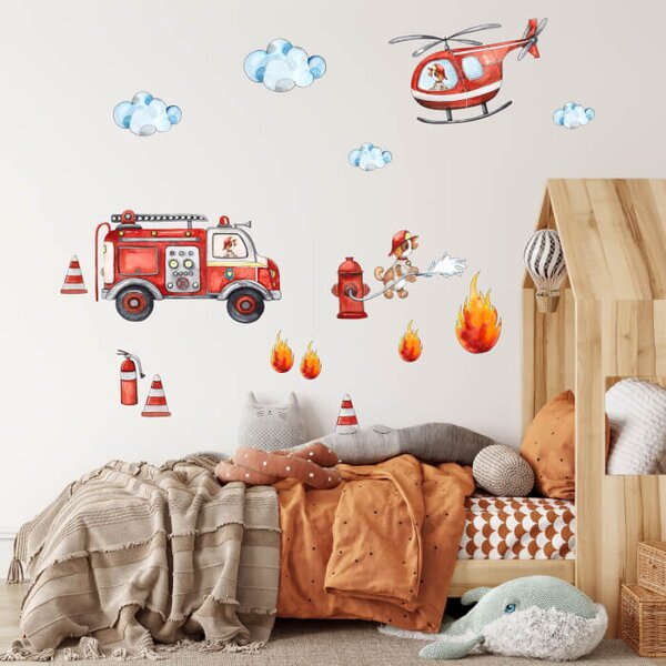 INSPIO - átragasztható textil matrica - Falmatricák - Tűzoltók, tűzoltó autó és helikopter