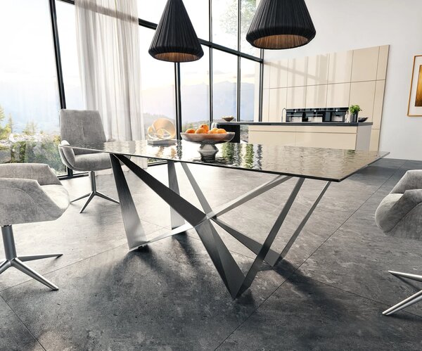 DELIFE Étkezőasztal Edge 200x100 domborított üveg füstfekete 3D design Spider laposacél rozsdamentes acél