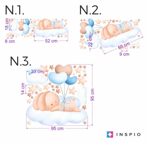 INSPIO - átragasztható textil matrica - Textil falmatrica - Repülő nyuszi egy felhőn - Kék lufikkal
