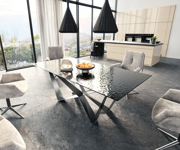 DELIFE Étkezőasztal Edge 200x100 domborított üveg füstfekete 3D design Spider laposacél rozsdamentes acél