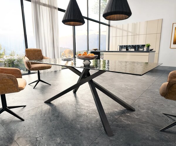 DELIFE Étkezőasztal Edge 200x100 domborított üveg füstfekete 3D design kereszt láb téglalap fekete