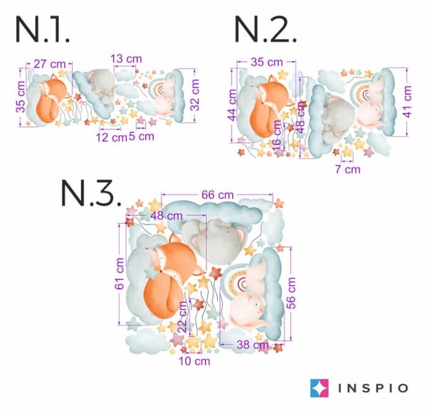 INSPIO - átragasztható textil matrica - Gyerek falmatrica - Alvó állatok a csillagok között