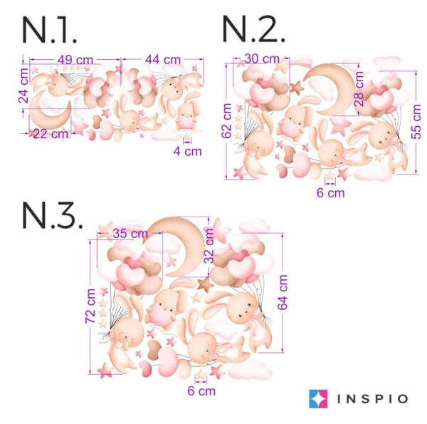 INSPIO - átragasztható textil matrica - Öntapadós falmatrica - Nyuszik rózsaszín lufikkal