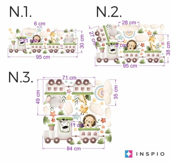 INSPIO - átragasztható textil matrica - Falmatrica babaszoba - Vonat állatokkal
