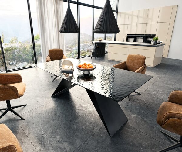 DELIFE Étkezőasztal Edge 200x100 domborított üveg füstfekete 3D design V alakú láb laposacél fekete