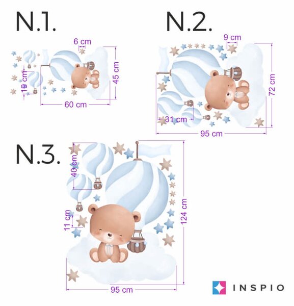 INSPIO - átragasztható textil matrica - Fali dekoráció - Mackó léggömbbel (kék)