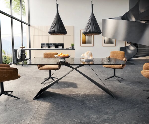 DELIFE Étkezőasztal Edge 200x100 domborított üveg füstfekete 3D design V alakú láb laposacél fekete
