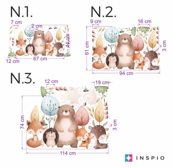 INSPIO - átragasztható textil matrica - Babaszoba falmatricák - Erdei állatok és színes fák