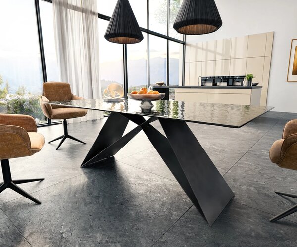 DELIFE Étkezőasztal Edge 200x100 domborított üveg füstfekete 3D design V alakú láb laposacél fekete