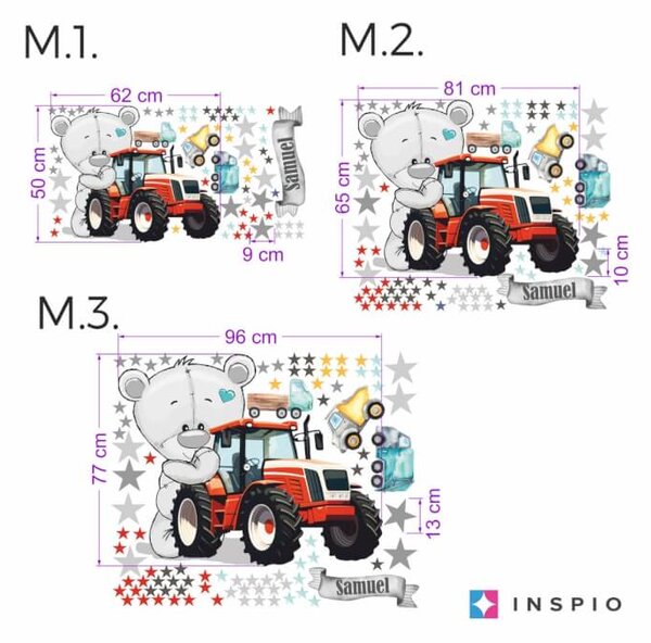 INSPIO - átragasztható textil matrica - Gyerekszoba falmatrica fiúknak - Maci traktorral