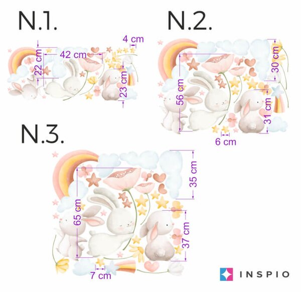 INSPIO - átragasztható textil matrica - Falmatrica - Nyuszik virágokkal és szivárvánnyal