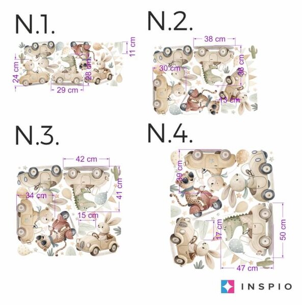 INSPIO - átragasztható textil matrica - Gyerekszoba falmatricák - Állatok autókban