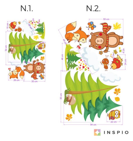 INSPIO - átragasztható textil matrica - Babaszoba falmatrica - Állatok az erdőben