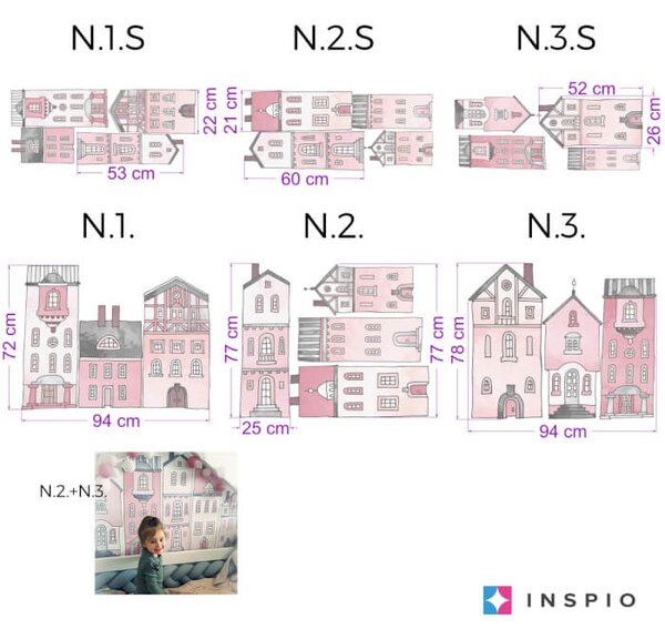 INSPIO - átragasztható textil matrica - Gyerekszoba falmatrica - Rózsaszín házak