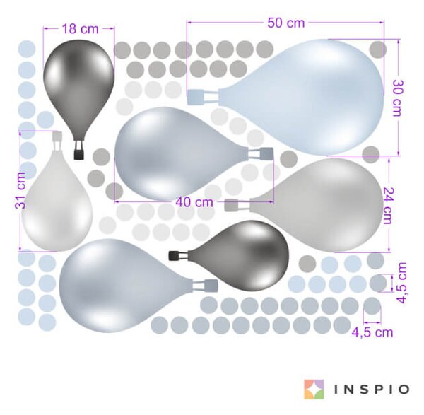 INSPIO - átragasztható textil matrica - Falmatrica gyerekszobába - Kék, szürke hőlégballonok
