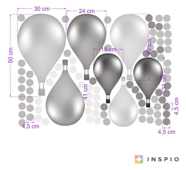 INSPIO - átragasztható textil matrica - Falmatrica gyerekszobába - Szürke hőlégballonok
