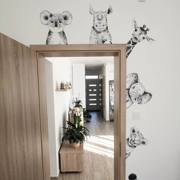 INSPIO - átragasztható textil matrica - Falmatrica az ajtó körül - Fekete-fehér állatkák