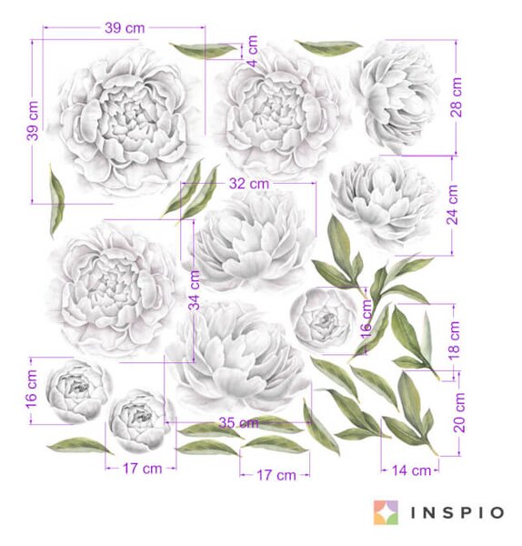 INSPIO - átragasztható textil matrica - Falmatrica - Öntapadós fehér bazsarózsák
