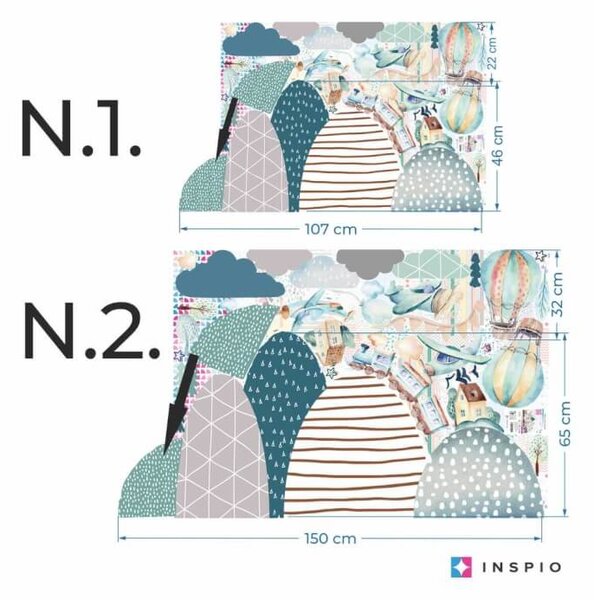 INSPIO - átragasztható textil matrica - Gyerekszoba falmatrica - Repülő, dombok, léggömb