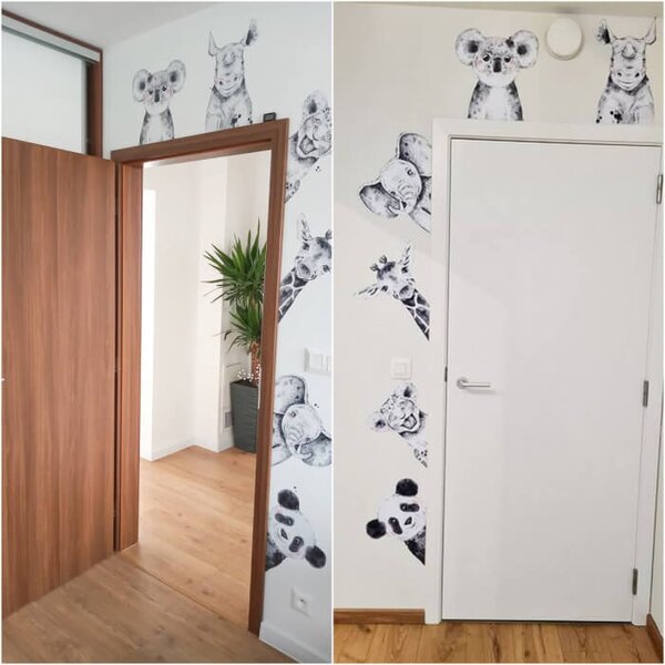 INSPIO - átragasztható textil matrica - Falmatrica az ajtó körül - Fekete-fehér állatkák