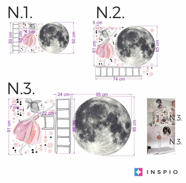 INSPIO - átragasztható textil matrica - Falmatrica - Hold és kislány létrával