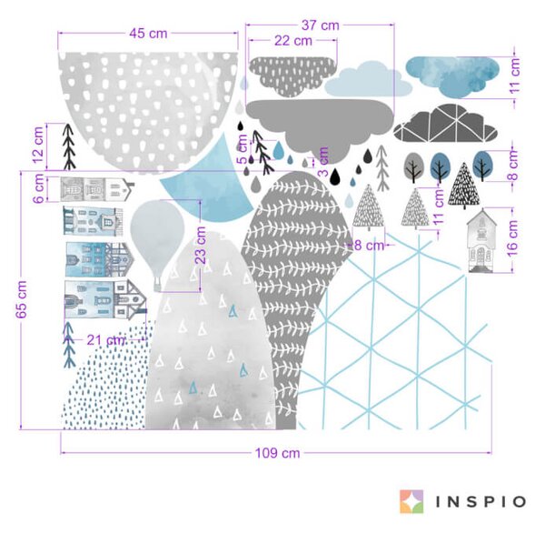 INSPIO - átragasztható textil matrica - Falmatricák - Hegyek és házikók kék színben
