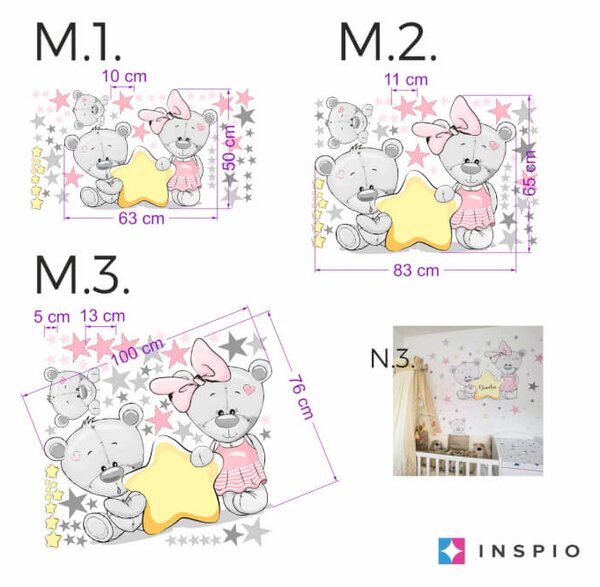 INSPIO - átragasztható textil matrica - Maci falmatrica csillagokkal és névvel