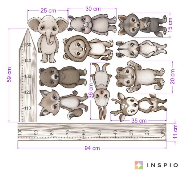 INSPIO - átragasztható textil matrica - INSPIO állatkák magasságmérővel