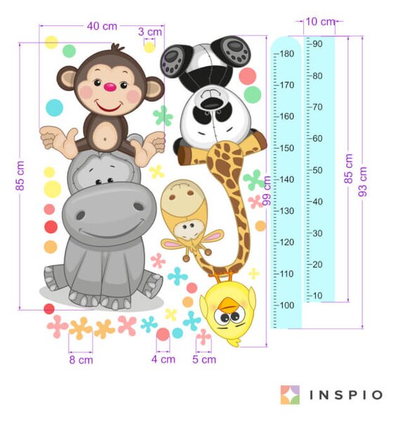 INSPIO - átragasztható textil matrica - Kék magasságmérő - Vidám állatok 180cm