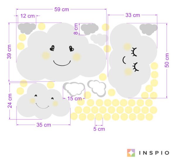 INSPIO - átragasztható textil matrica - Falmatrica - Felhők sárga pöttyökkel