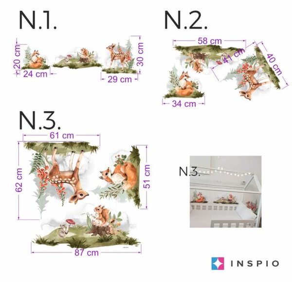INSPIO - átragasztható textil matrica - Róka, őzike, mókus - Falmatrica