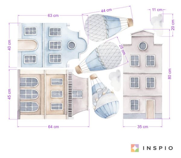 INSPIO - átragasztható textil matrica - Fali matrica - Kék hőlégballonok