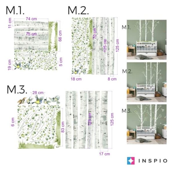 INSPIO - átragasztható textil matrica - Nyírfa madarakkal - Matrica falra