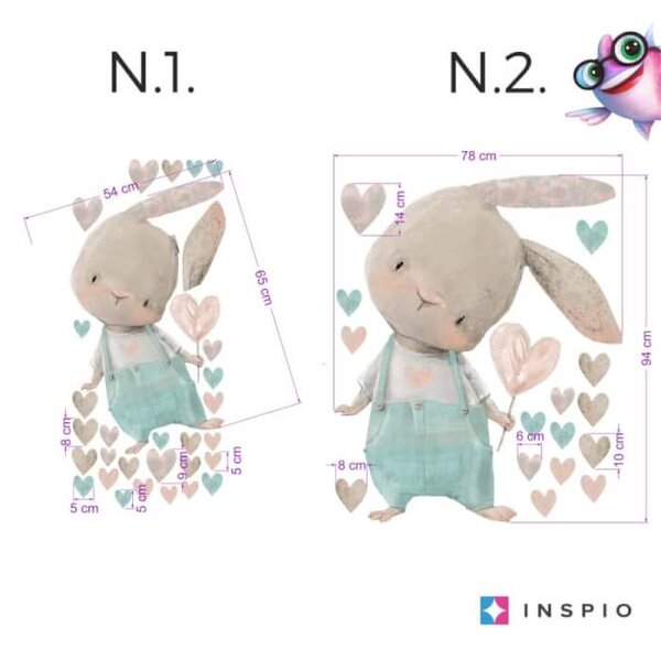 INSPIO - átragasztható textil matrica - Öntapadós falmatrica gyerekszobába - Akvarell nyuszi szívecskével