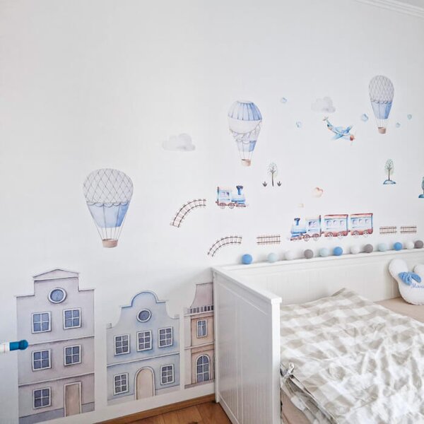 INSPIO - átragasztható textil matrica - Fali matrica - Kék hőlégballonok
