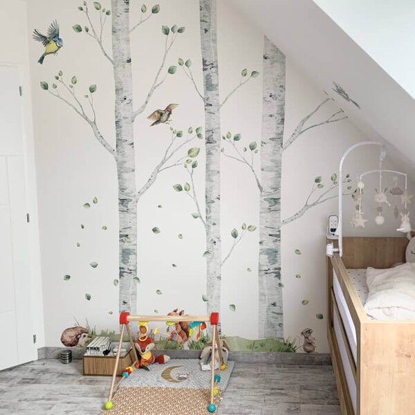 INSPIO - átragasztható textil matrica - Nyírfa madarakkal - Matrica falra