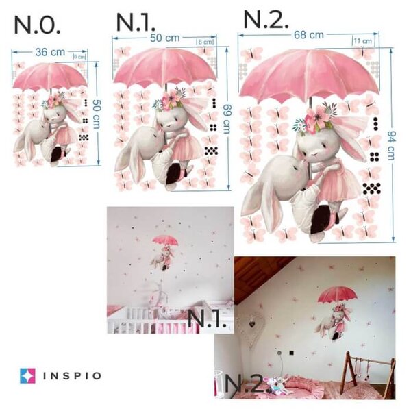 INSPIO - átragasztható textil matrica - Esernyővel repülő nyuszik - Öntapadós matrica