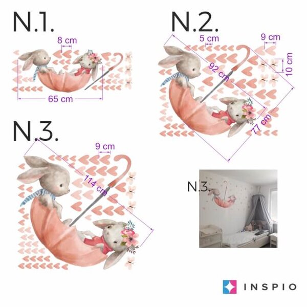 INSPIO - átragasztható textil matrica - Esernyő nyuszikkal - Matrica gyerekszobába