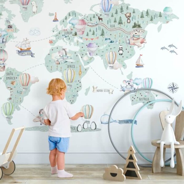 INSPIO - átragasztható textil matrica - Barna világtérkép kis kalandorok számára
