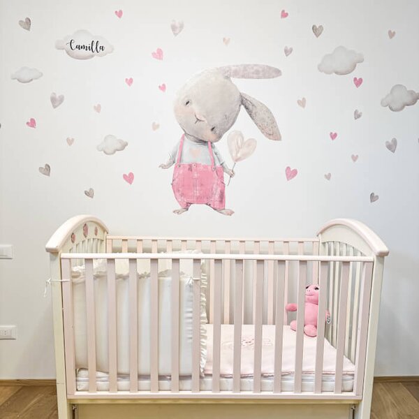 INSPIO - átragasztható textil matrica - Falmatrica - Rózsaszín nyuszi szivecskékkel