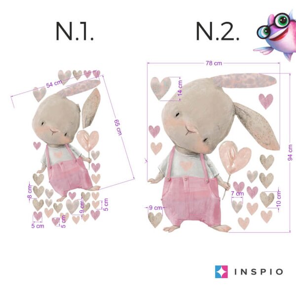 INSPIO - átragasztható textil matrica - Falmatrica lányoknak - Rózsaszín nyuszi szívecskékkel