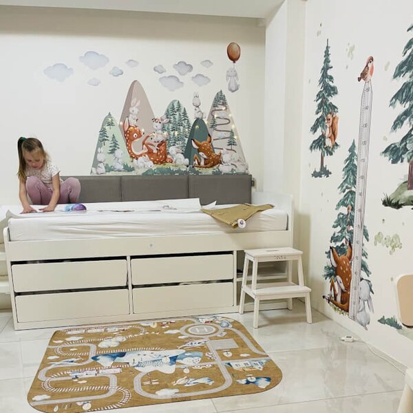 INSPIO - átragasztható textil matrica - Falmatricák gyerekeknek - Dombok őzikékkel és nyuszikkal