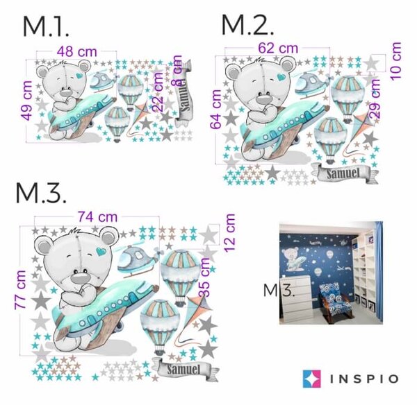 INSPIO - átragasztható textil matrica - Falmatricák fiúknak - Maci repülővel és hőlégballonokkal
