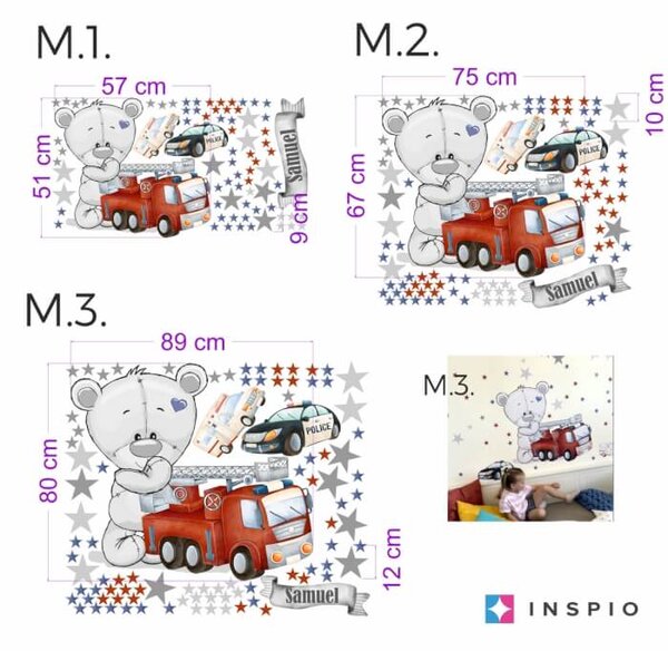 INSPIO - átragasztható textil matrica - Falmatricák fiúknak - Sürgősségi járművek és maci gyerekszobába