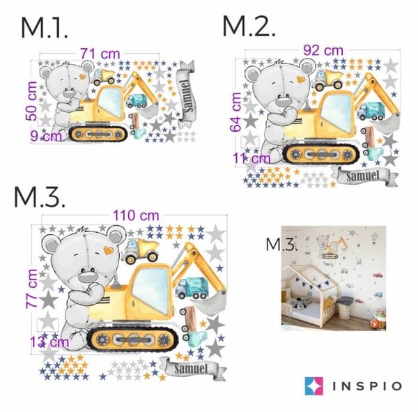 INSPIO - átragasztható textil matrica - Falmatrica fiúknak - Maci és építőipari autók gyerekszobába