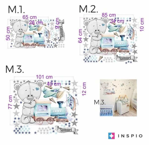 INSPIO - átragasztható textil matrica - Falmatrica fiúknak - Maci és vonat