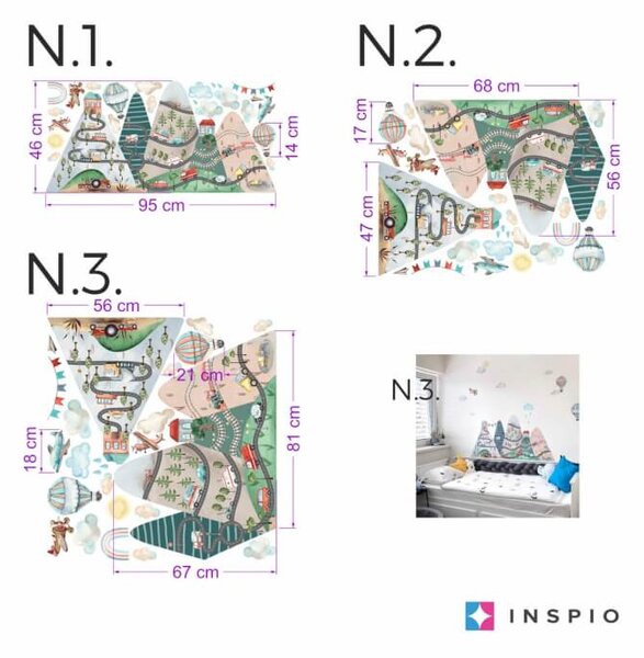 INSPIO - átragasztható textil matrica - Falmatricák fiúknak - Dombok autókkal és hőlégballonokkal